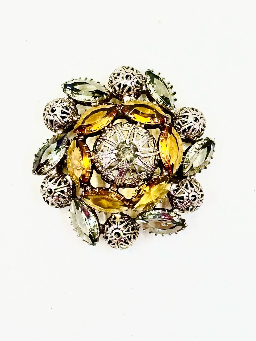 Vintage Alice Caviness? Domed Multi Layer Amber Smokey Gray Filagree Bead Brooch